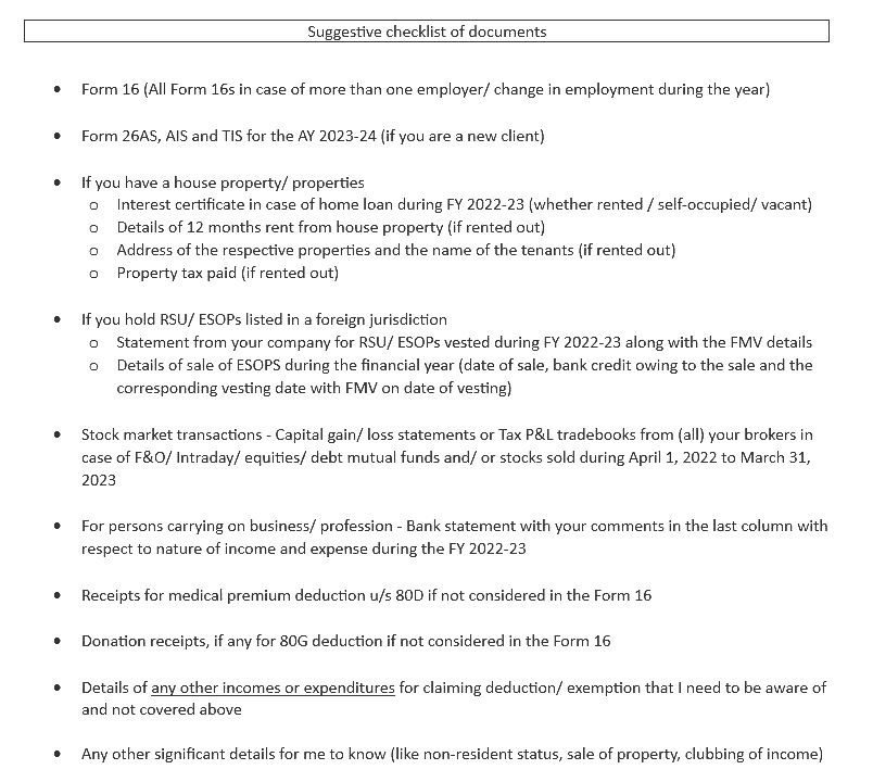 Check list Documents required for Income Tax Return 