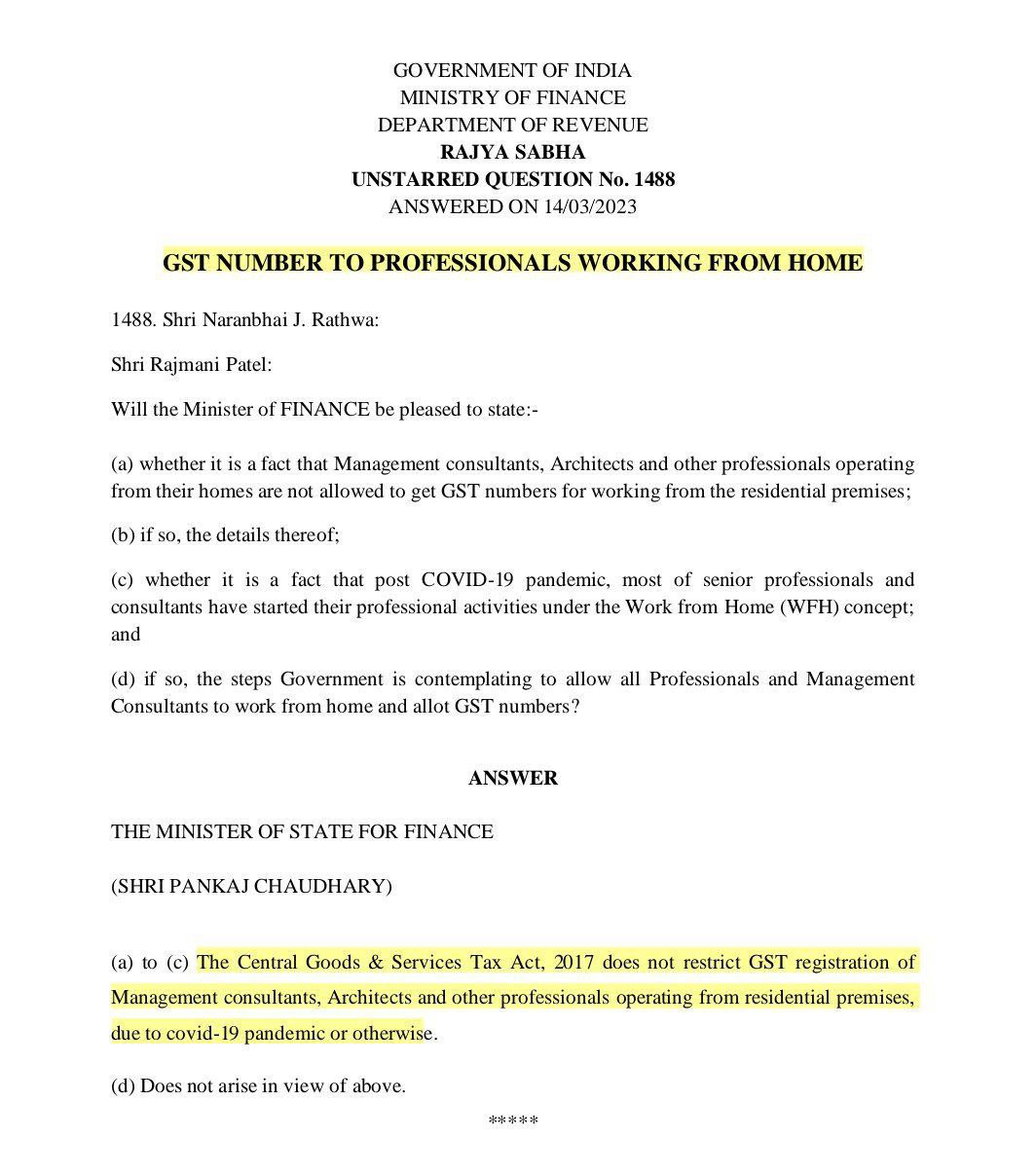 No Restriction for GST Registeration For Professional on Residential Address