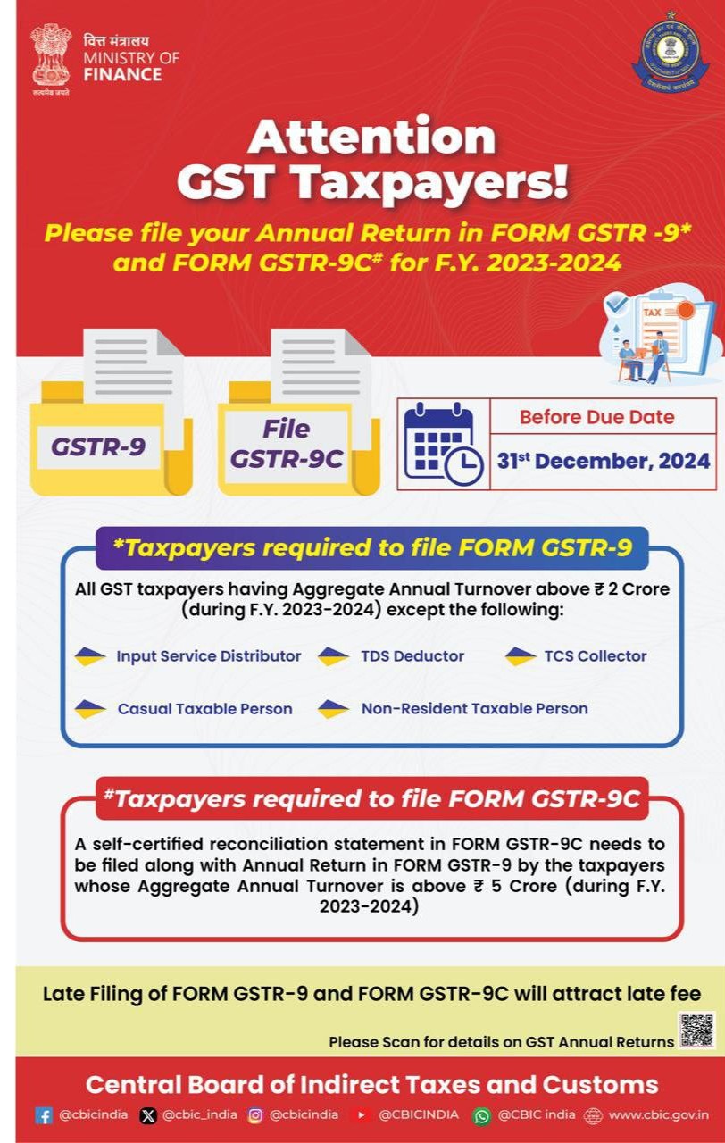 File your Annual Return in Form GSTR-9 and Form GSTR-9C for the F. Y. 2023-24 before the due date.