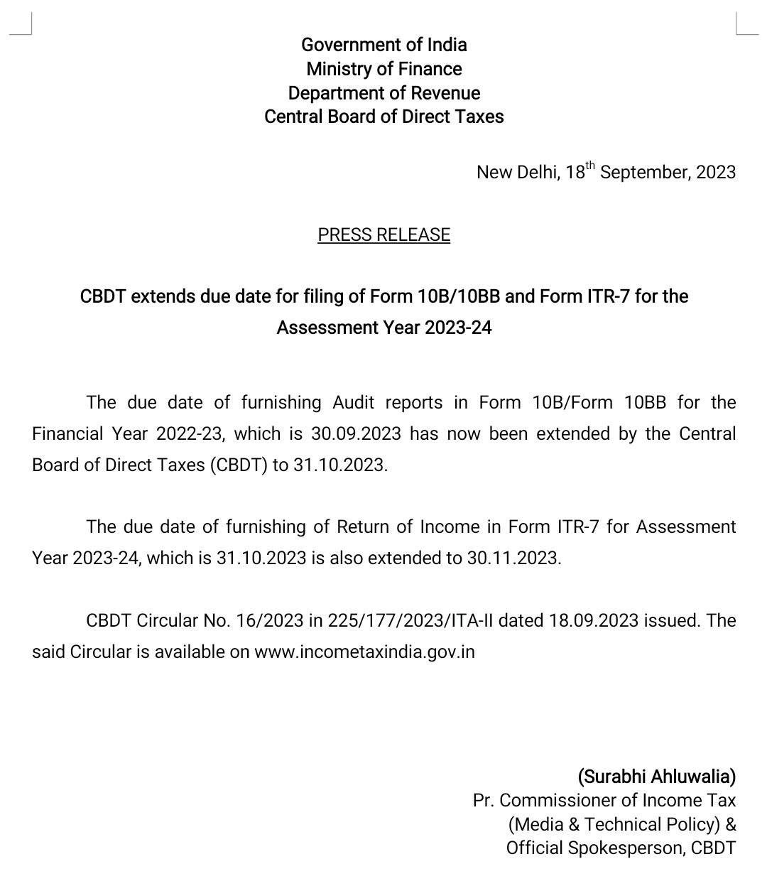 NGO ITR DUE date Extended 
