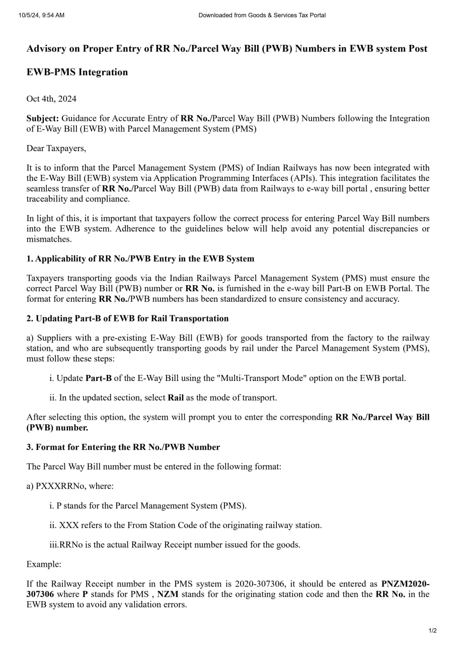Advisory on Proper Entry of RR No./Parcel Way Bill (PWB) Numbers in EWB system Post EWB-PMS