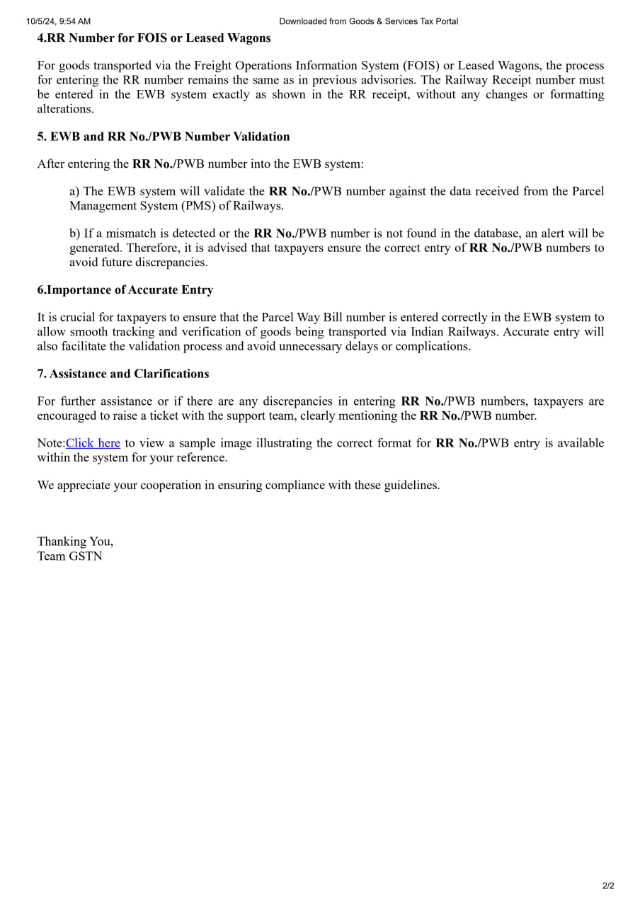Advisory on Proper Entry of RR No./Parcel Way Bill (PWB) Numbers in EWB system Post EWB-PMS , 