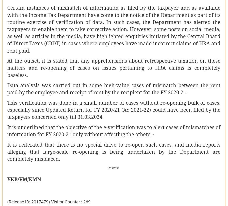 CBDT clarification on Special Drive to reopen mismatch HRA claims 