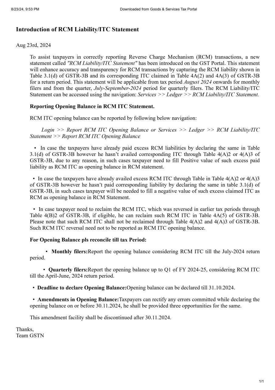 RCM Liability/ITC Statement