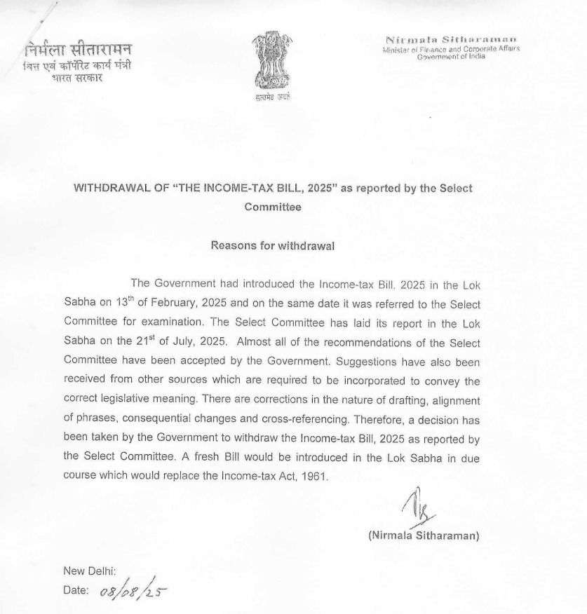 The income tax bill 2025 has been withdrawn