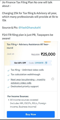 Jio Finance’s INR 24 ITR filing plan vs free Tax e-filing portal