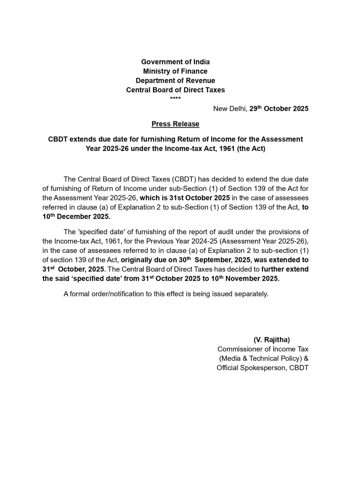 CBDT Extends Due Dates for Audit & ITR Filing (AY 2025-26)